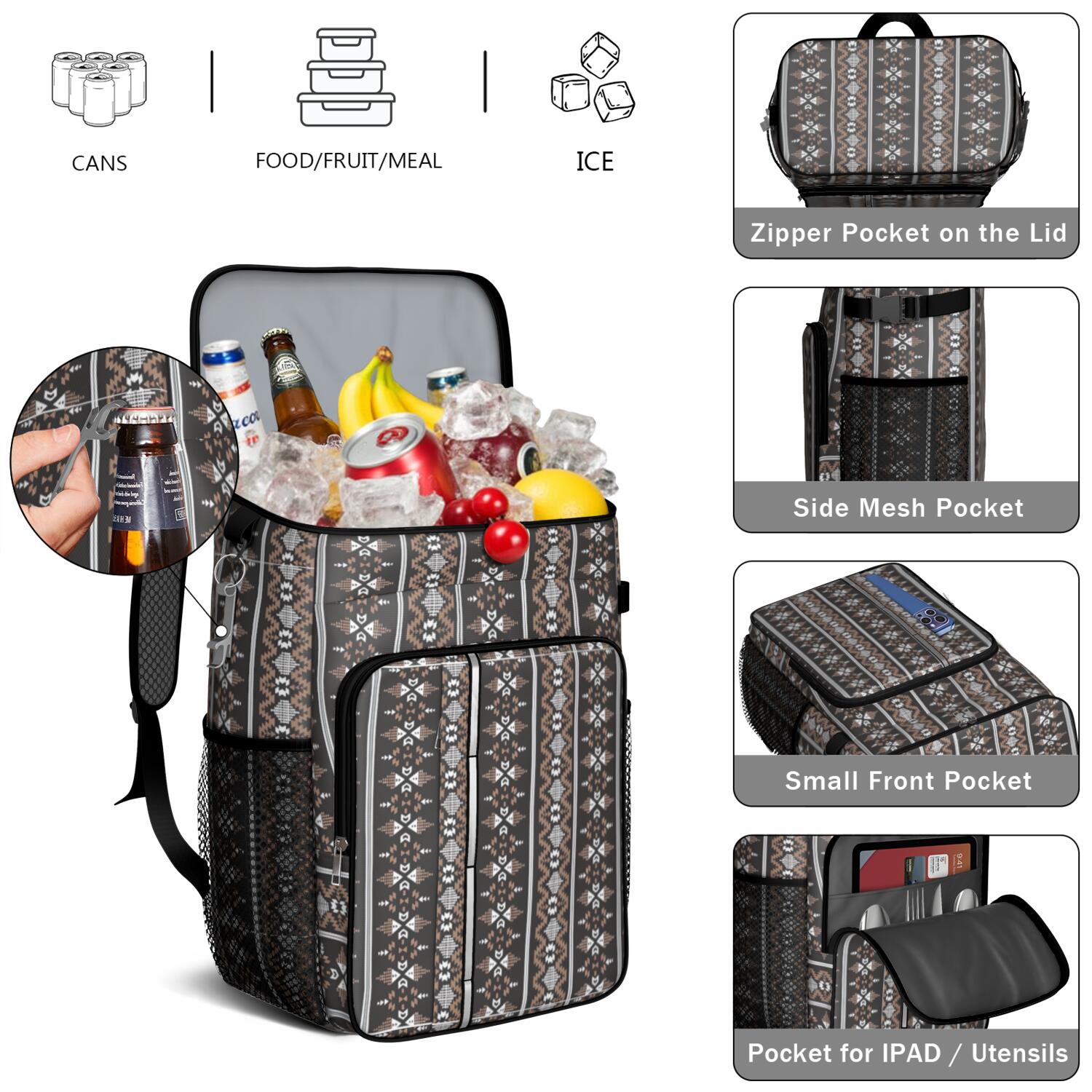 Travel Cooler Bag - Boho Bohemia Pioneer Flower Geometric Line Art Camping Beer Cooler Backpack with Bottle Opener- Waterproof Insulated Picnic Backpacks - Cooler Bag for Beach