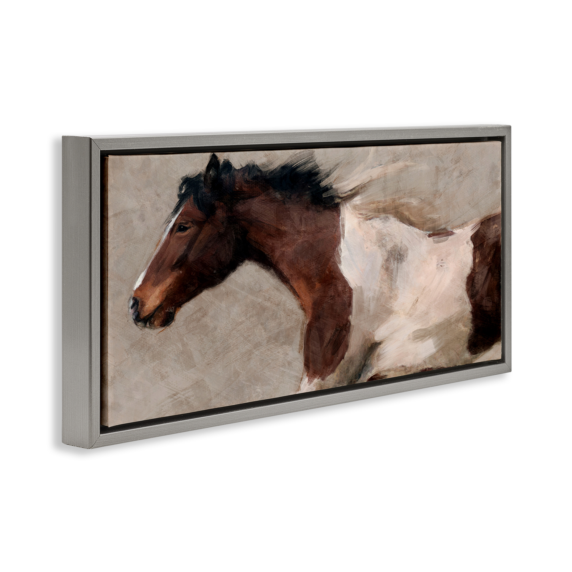 Stupell Industries Brown & White Horse Animals & Insects Painting Gray Floater Framed Canvas Art Print Wall Art, 31 x 14