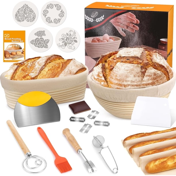Juego de 17 cestas de fermentación, cestas de caña redondas y ovaladas de 10 pulgadas con suministros para hornear pan de masa madre, kit para hacer pan de masa madre artesanal
