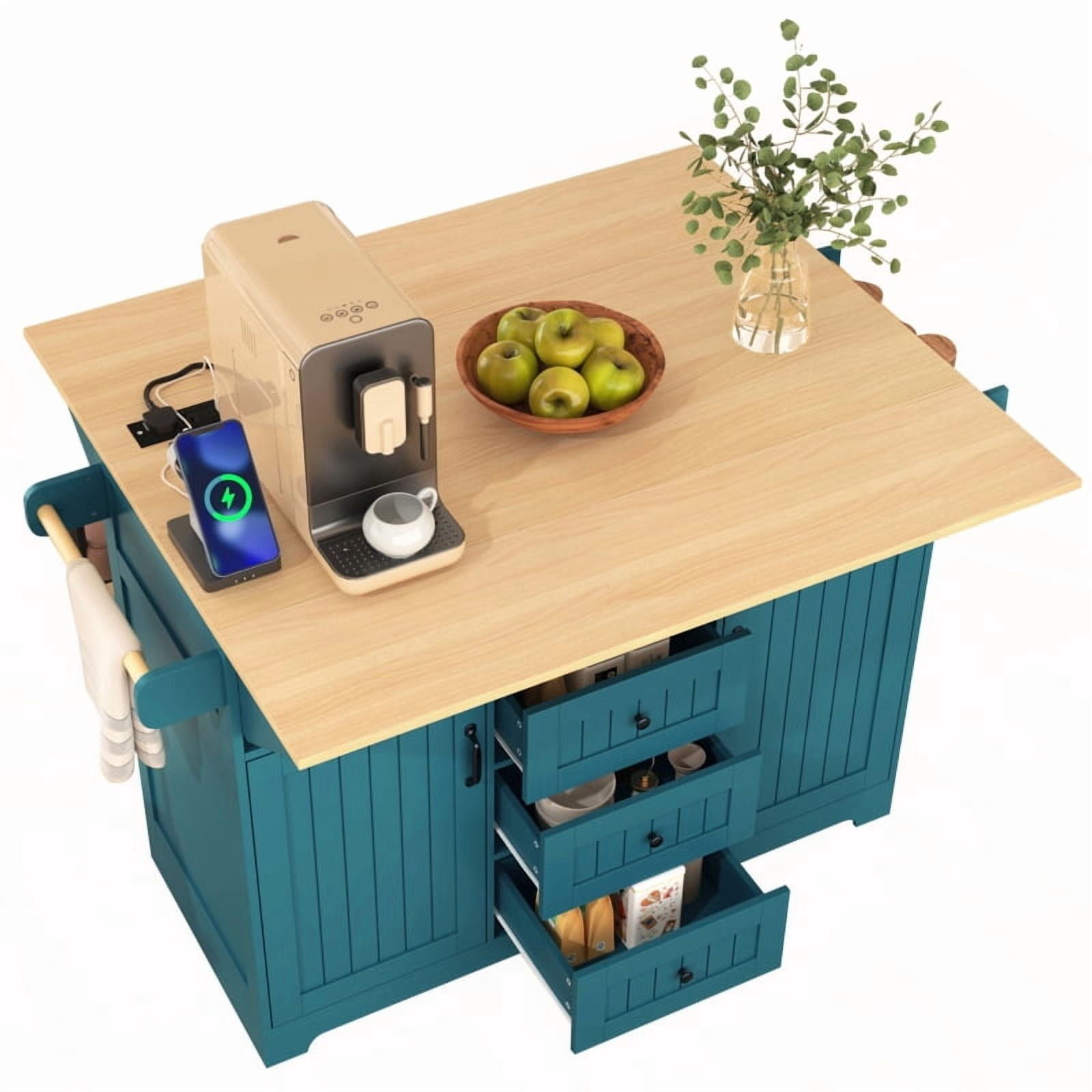 55.7'' Large Kitchen Island with 2 Drop Leaf,, Rolling Kitchen Cart on 5 Wheels with Power Outlet, Folding Storage Dining Table with Spice & Towel Rack , 3 Drawers, for Kitchen, Dining Room,White