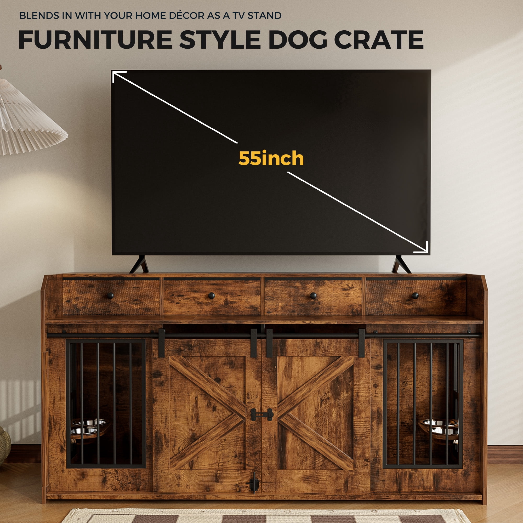 Advwin 63" Wooden Double Dog Crate Furniture with Drawers, Divider, Sliding Doors and Dual Feeding Stations, TV Stand Dog Kennel for 2 Small/Medium Dogs, Rustic Brown