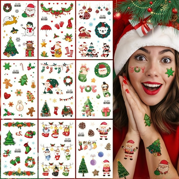 Joyful Festive Glitter Temporary Tattoos: 12 Sheets of Cartoon Christmas Fun - Snowman, Christmas Tree, Santa Claus, Xmas Dog, Polar Bear, Penguin, Rabbit, Dinosaur, Sloth, and More - Perfect for Birt