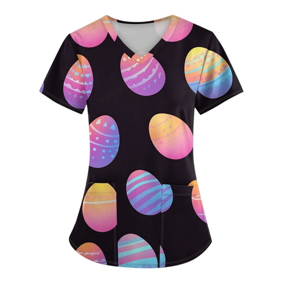 Scrub Tops for Women Easter Print Scrubs Nursing Uniforms Stretchy V Neck Holiday Blouse Tee
