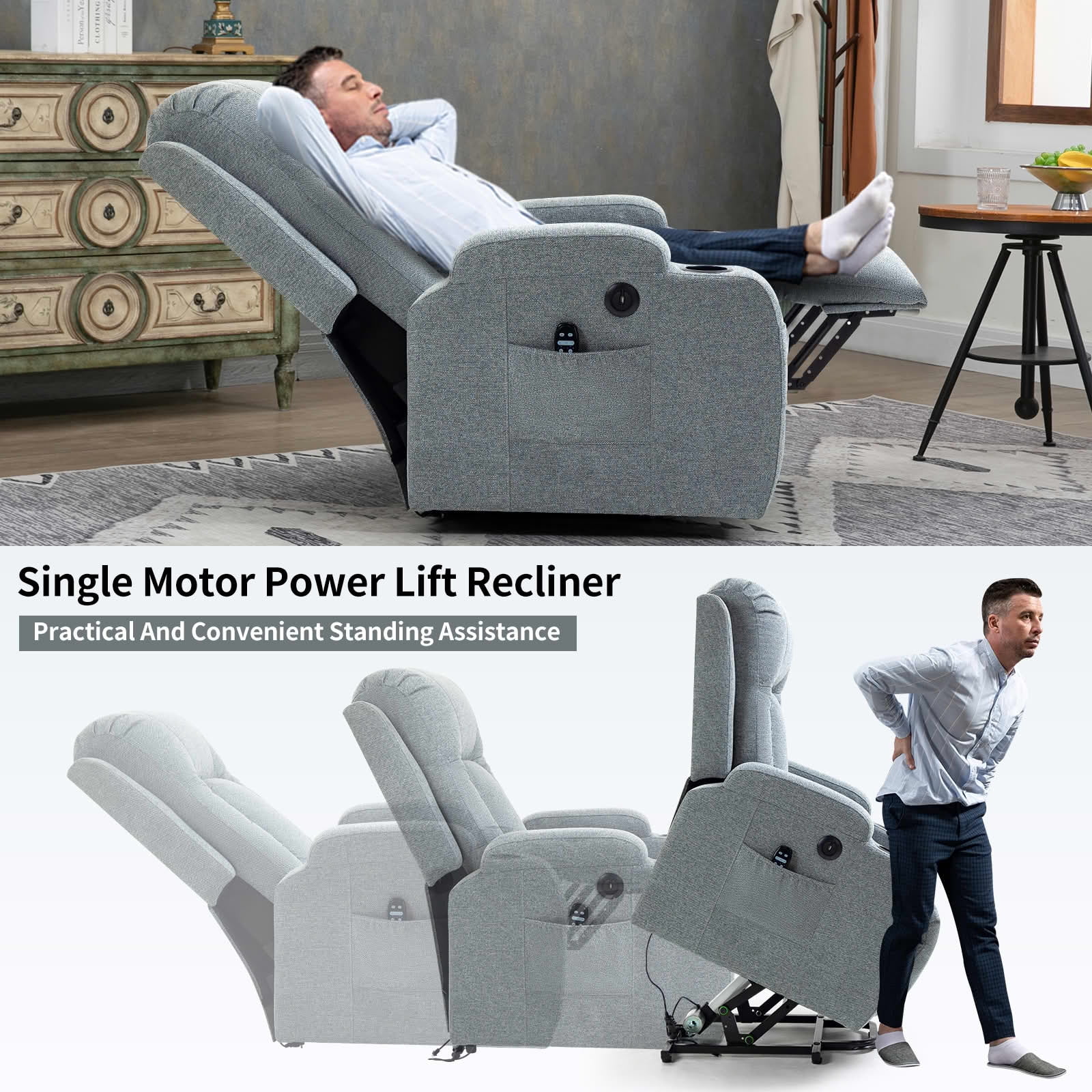 MAYEERTY Gray 350 lbs Single Motor Power Lift Recliner Chair, 8-Point Massage Heat USB Cup Holders for Elderly Living Room