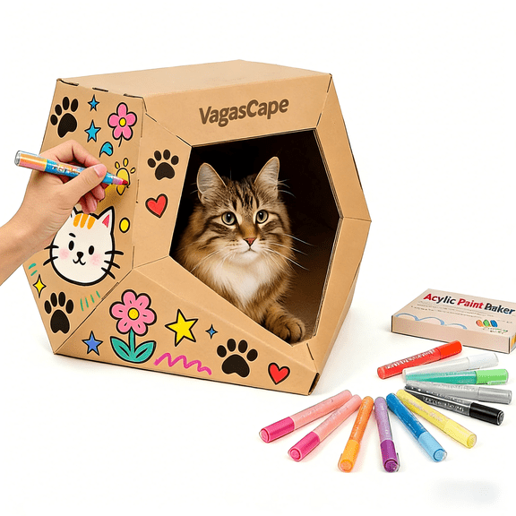 Vagascape DIY Cardboard Cat House, Origami Hand-Painted Scratch-Resistant Small Indoor Cat House with PedBedding, Brown