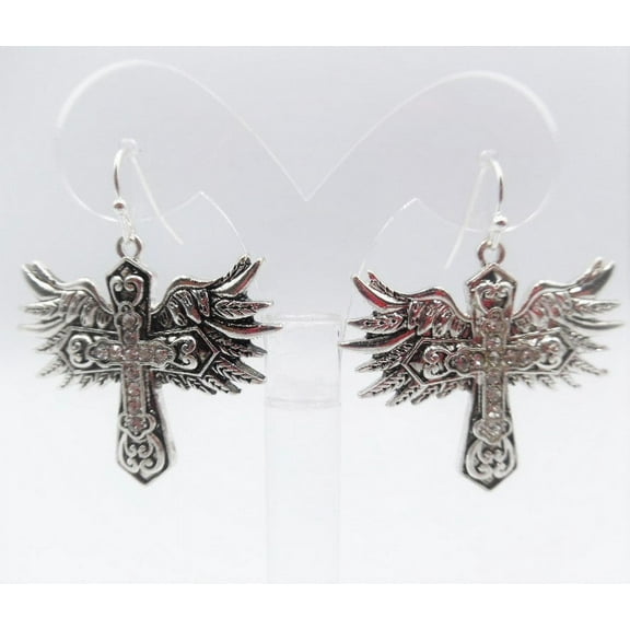 Pierced 1 3/4" silver & black wing and cross dangle earrings