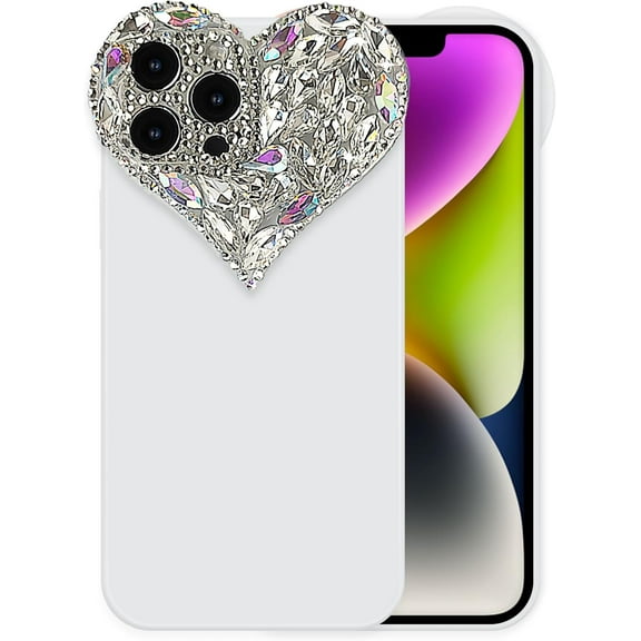 Cute 3D Glitter Case for iPhone 14 Plus, Sparkling Aesthetic Heart Gems Bling Case, Pretty shine Colorful Diamond Soft TPU Bumper Case for Women Girl-iPhone 14 Plus, White