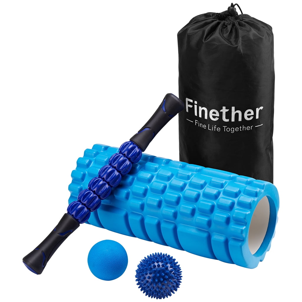 Finether Massage Yoga Roller Set-Foam Roller Lacrosse Ball per Myofascial Release Massaggio Muscolare Roller Stick Spiky Ball Blu 