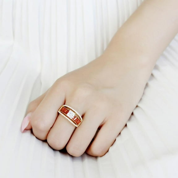 DA360 - IP Gold(Ion Plating) Stainless Steel Ring with AAA Grade CZ in Garnet