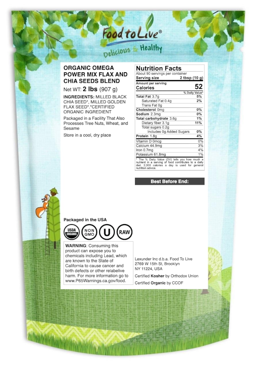 Organic Omega Power Flax and Chia Seeds Blend, 2 Pounds — Cold-Milled from Whole Raw Chia and Flax Seeds, Non-GMO, Vegan, Kosher, Bulk. Rich in Omega 3 Fatty Acids. Perfect for Smoothies and Shakes