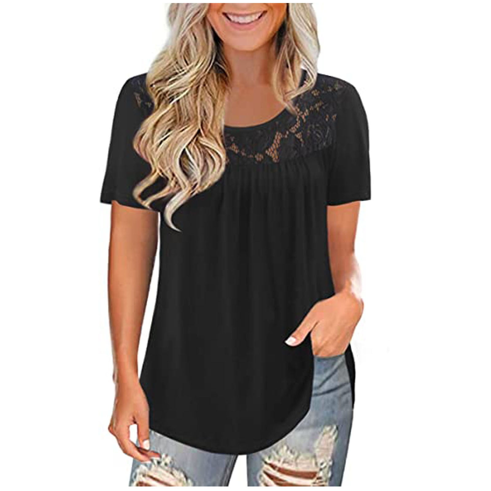 WHLBF Womens Plus Size Tops Clearance Lace Solid Splicing Short Sleeve ...