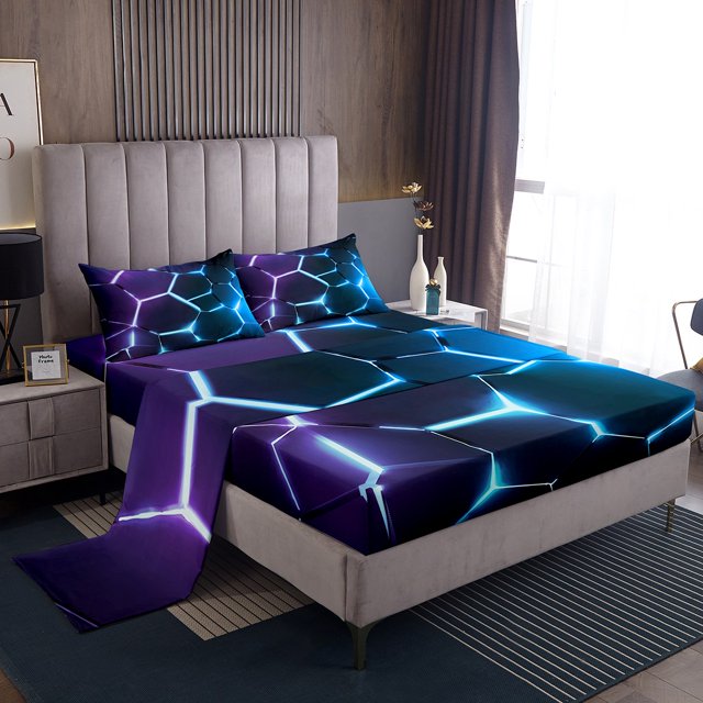 Erosebridal Teens Geometry Twin Sheet Sets, Futuristic Abstract Bedding Twin Size, Square Striped Decor,