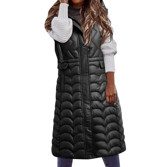 kpoplk Long Puffer Vest Women Hooded Maxi Length Sleeveless Puffer Vest Padded Coat Winter Outerwear Black,XL