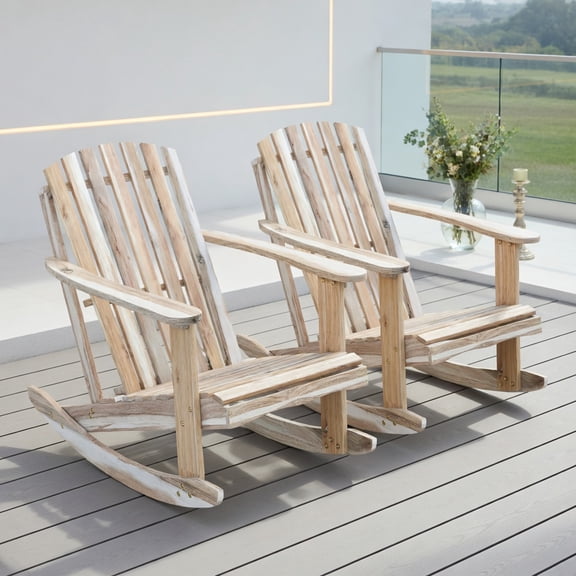 Spaco Single Adirondack Rocking Chair, Outdoor Swing Recliner with Slatted Seat & Decorative Fanned High Backrest, Natural