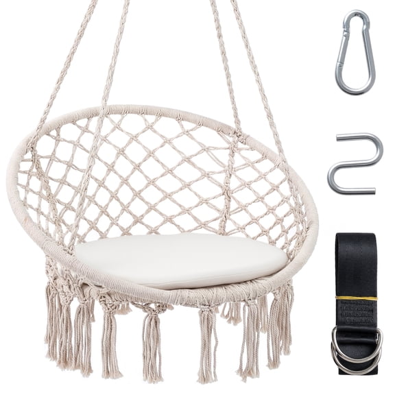 Costway Swing Chair, Hammock Chair with Round Seat Cushion, Indoor & Outdoor Boho Chair Beige