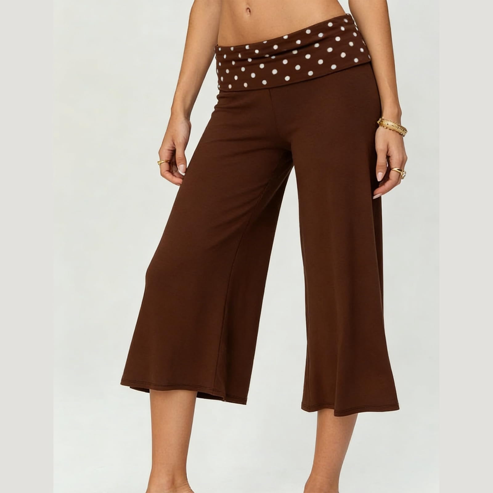 Inglocry Women Fold Over Gaucho Pants Wide Leg Low Rise Flowy Capri Pants Yoga Lounge Cropped Flare Bottoms Culottes Summer 2026 Brown S