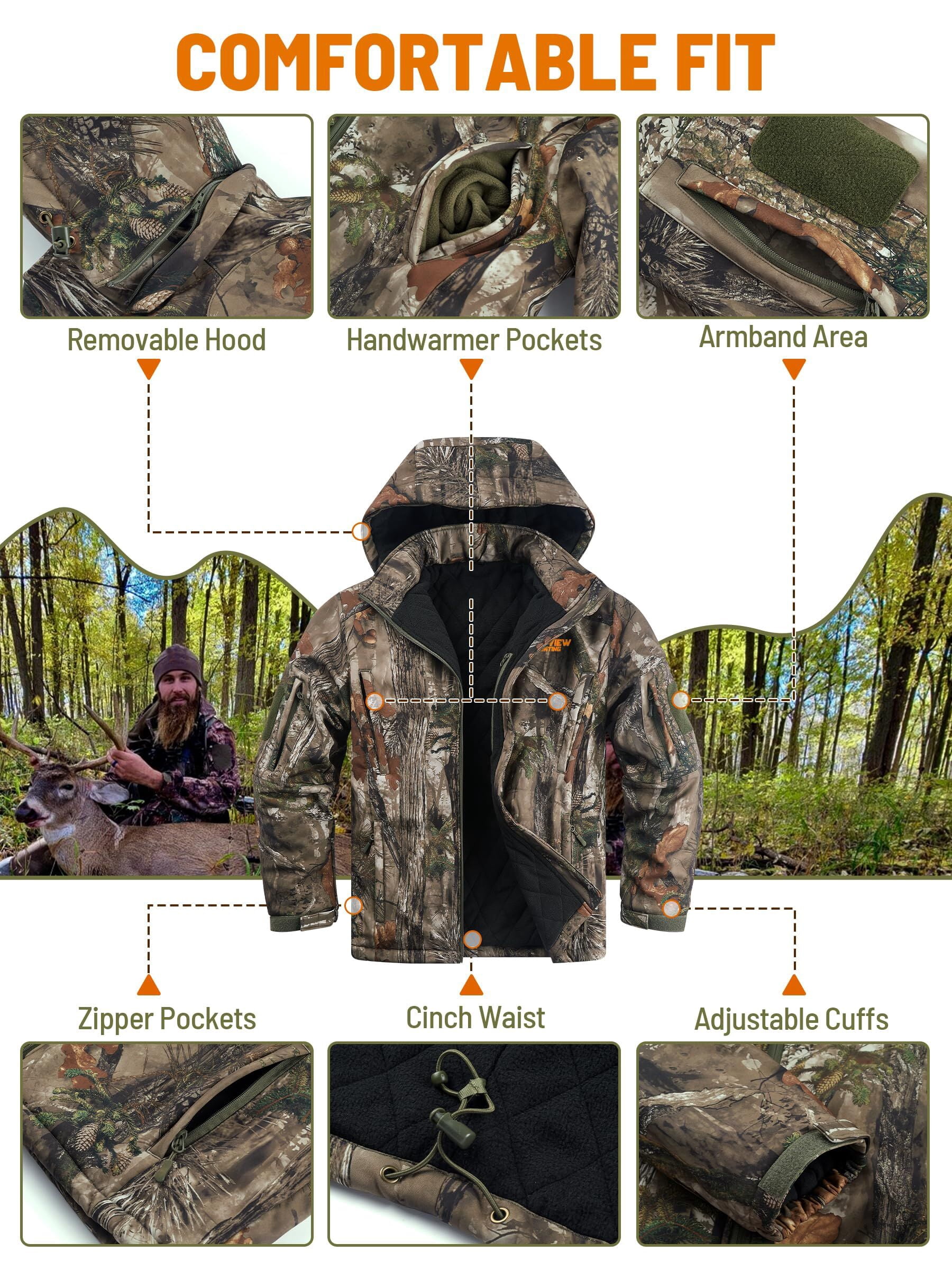 NEW VIEW Insulated Hunting Jacket for Men Cold Weather, Warm Camo Hunting Jackets with Hood, Water Resistant Hunting Clothes