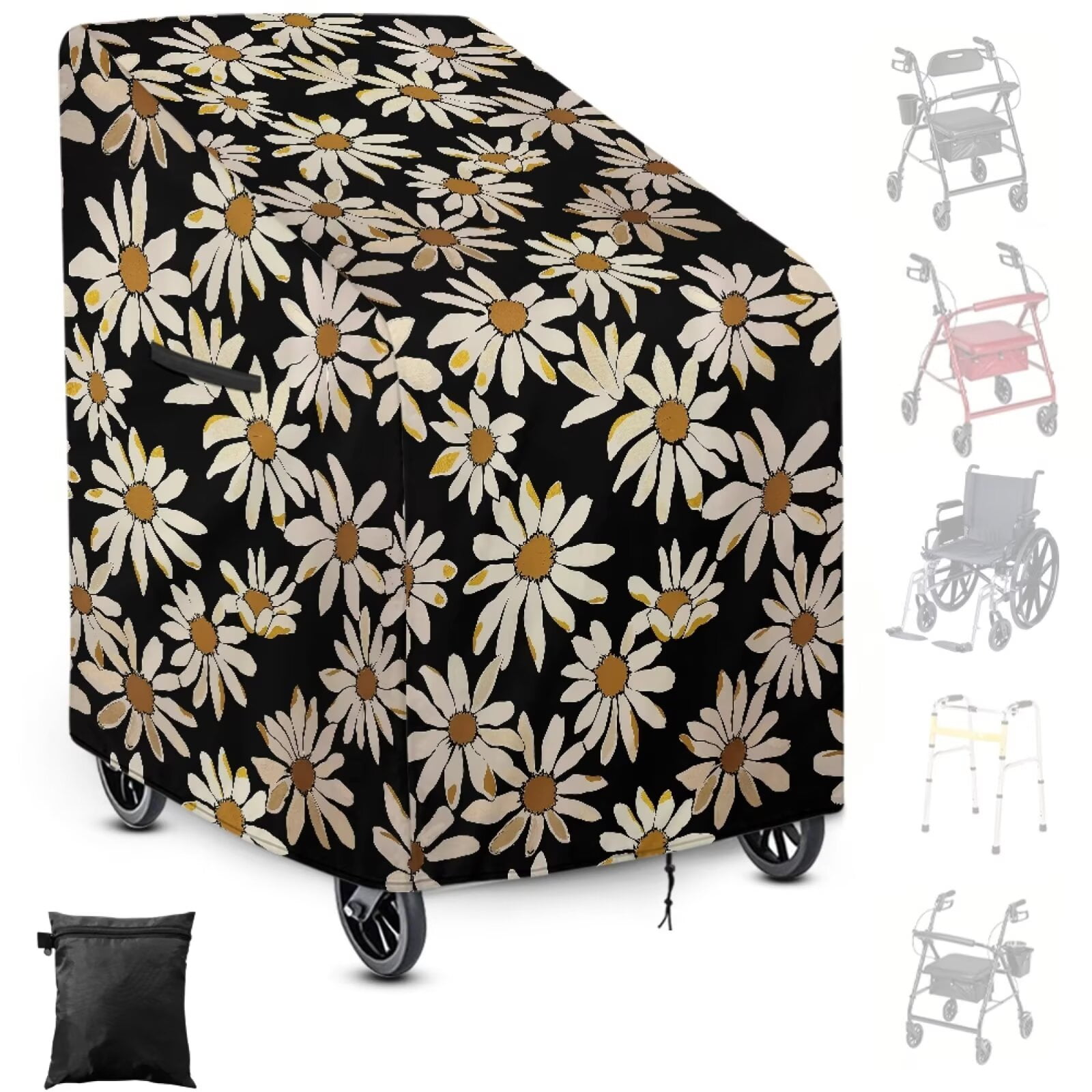 ZIATUBLES Rainproof Rollator Walker Cover, Windproof Secure Fit Protector for Mobility Aid, Daisy Print Cover for Walker with Wheels and Seat, Ideal for Home and Outdoor Use