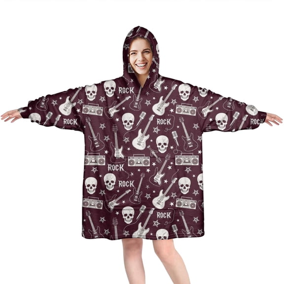 Wearable Oversized Blanket,Burgundy Rock Skull Pattern Wearable Blanket Hoodie for Adults,Cozy Hooded Blankets with Super Pockets,Super Warm Fuzzy Pullover for Women & Men