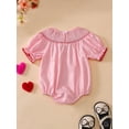 thumbnail image 4 of BemeyourBBs Newborn Baby Girl Valentines Day Outfits Infant Gingham Plaid Bubble Romper Heart Letter Ruffle Trim Short Sleeve Bodysuit Cute Spring Summer Clothes, 4 of 9