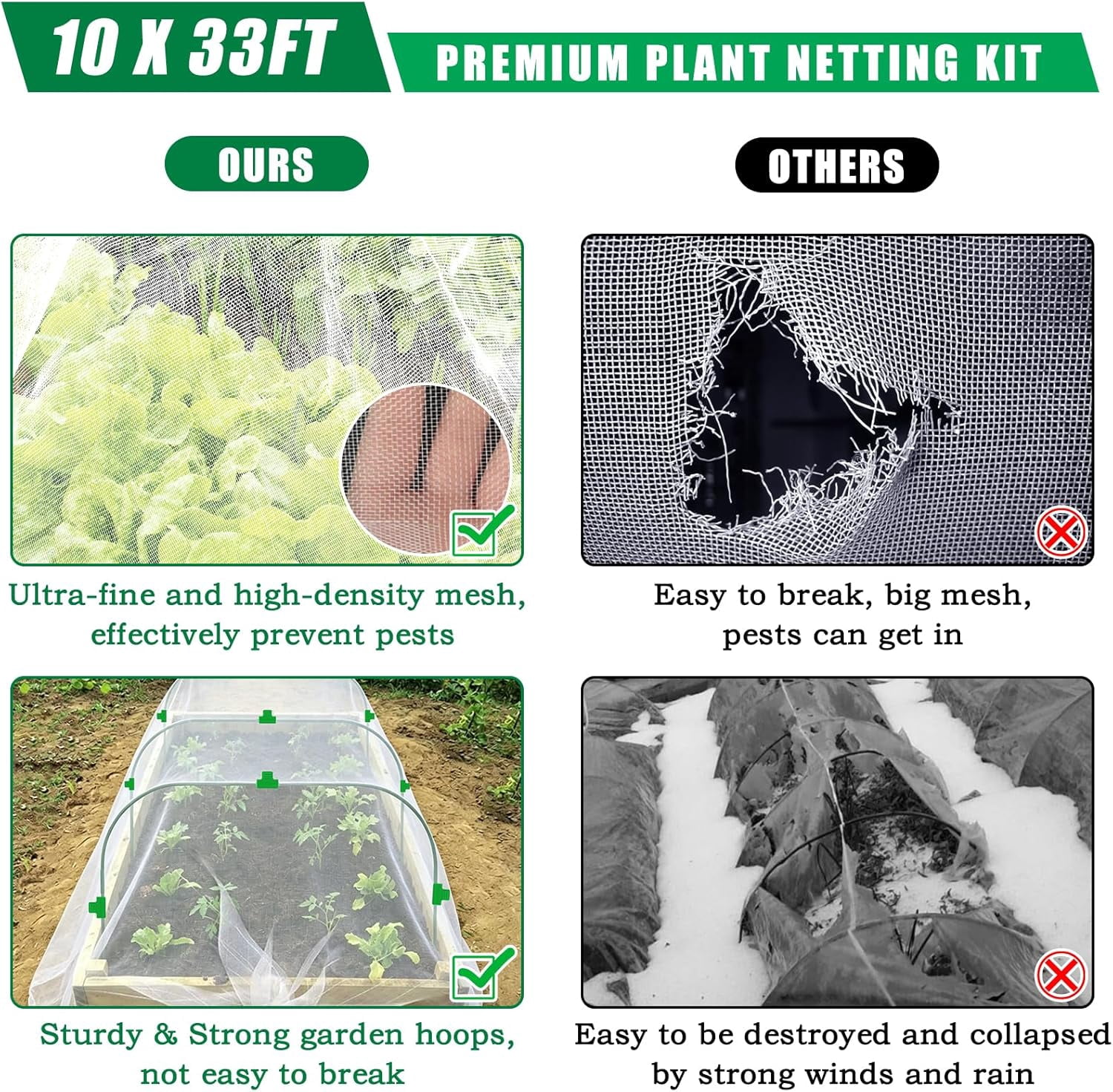 10 X 50 FT Garden Mesh Netting Kit Pest Barrier for Raised Beds, Fruit Tree Netting with 10 Sets Garden Hoops & 20 Clips for Cicadas Bird Insect, Blueberry Bush Netting Cover for Garden Protection
