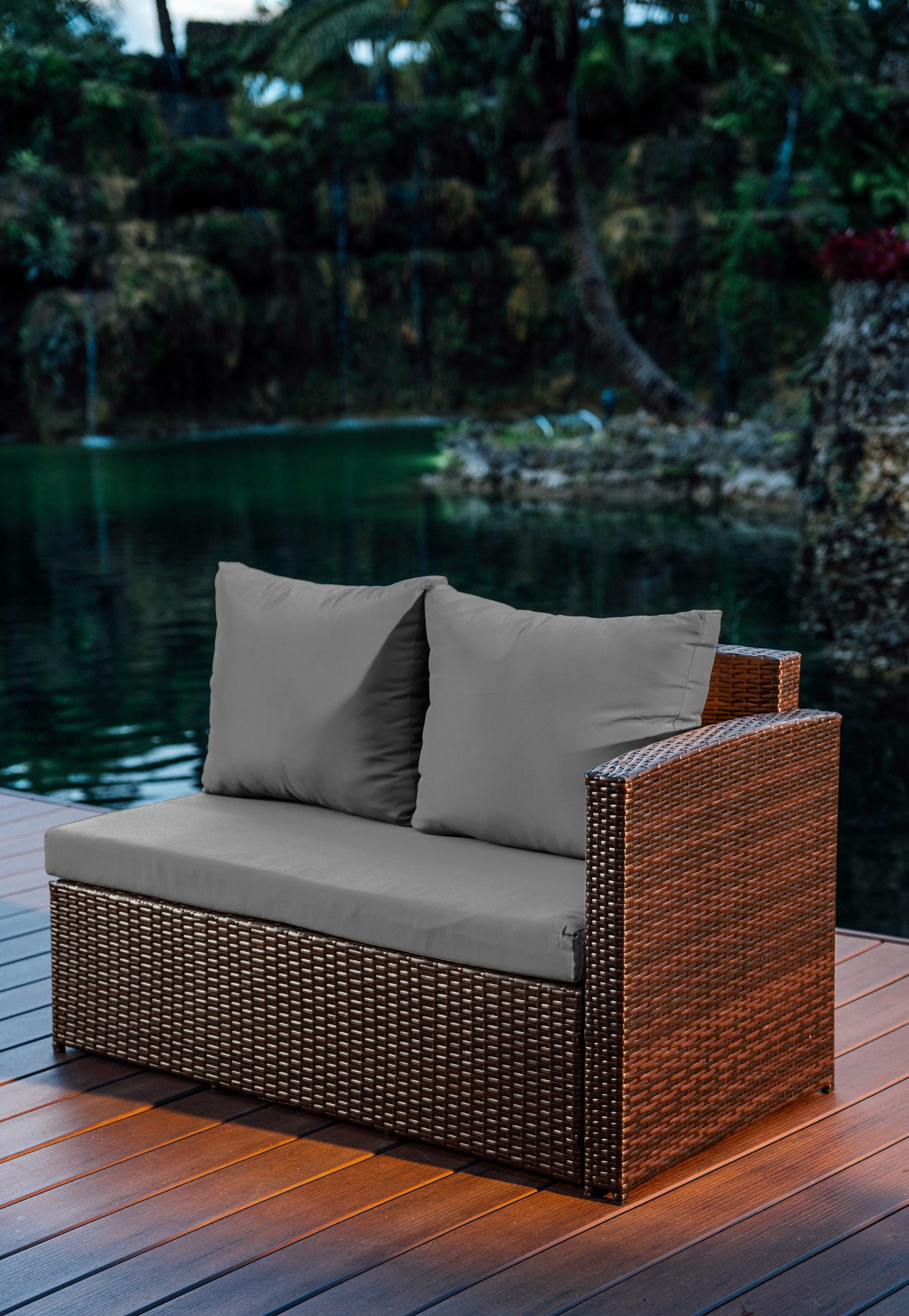 Hearth & Harbor 7 Piece Outdoor Furniture Set, Wicker Outdoor Sectional Dining Set with 10 Seats and Patio Table, Brown with Gray Cushions