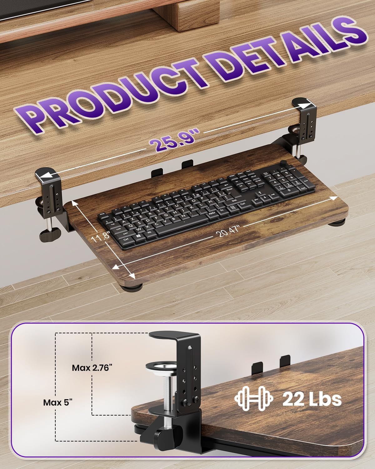 Mouse & Tray Under Desk  Pull Out With Adjustable C-clamp 20 (25.9 Including Clamps) X 11.8 Inch Slide Computer Drawer For Typing Rustic Brown