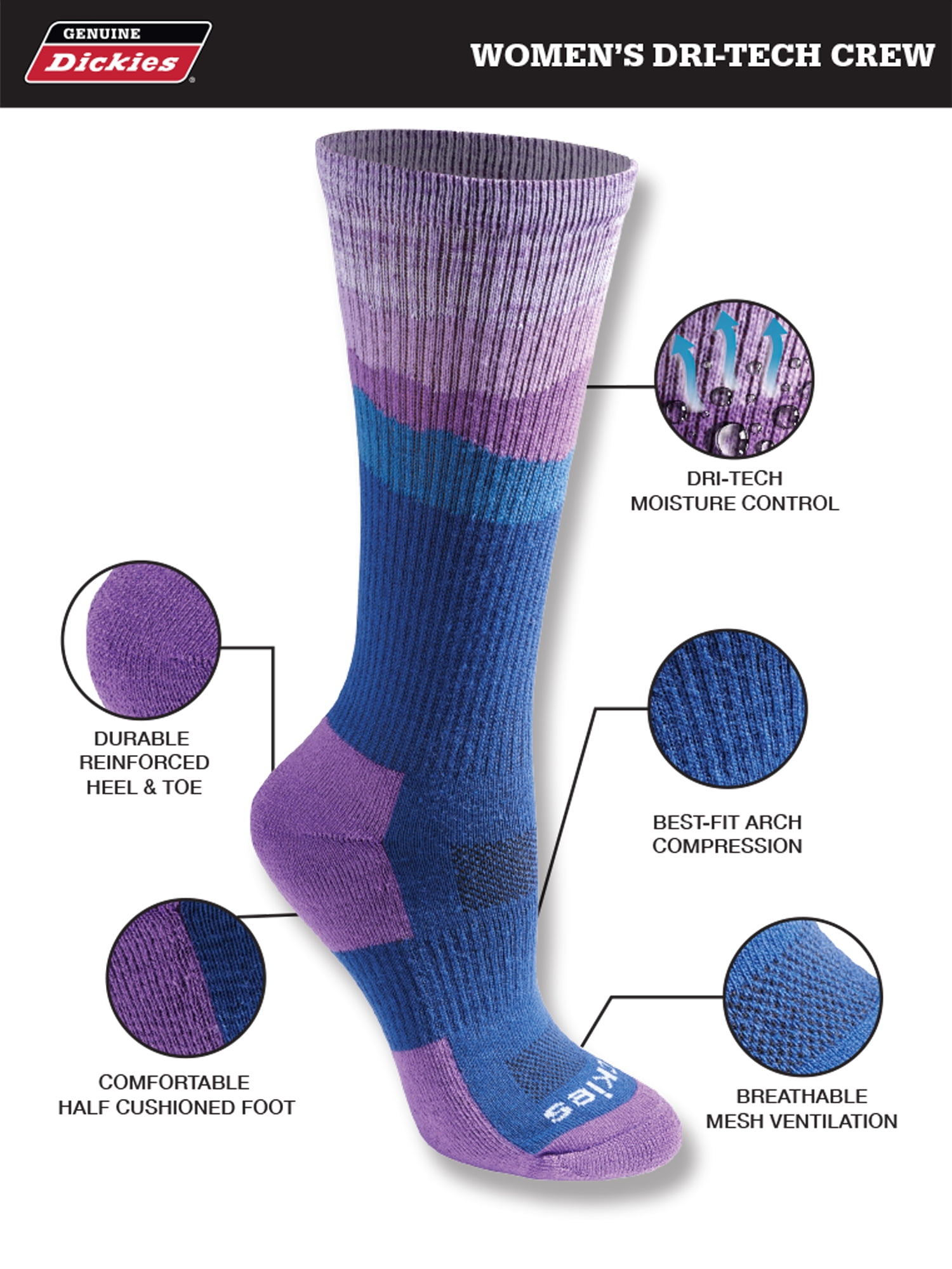 Genuine Dickies Women's Dri-Tech Crew Socks, 5-Pack