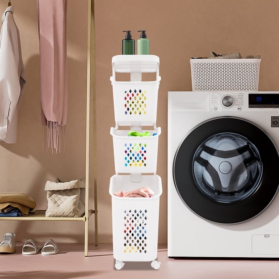 White PP 38.3*99.2cm 3-Layer Dirty Laundry Basket Movable Storage Rack Bathroom Laundry Rack