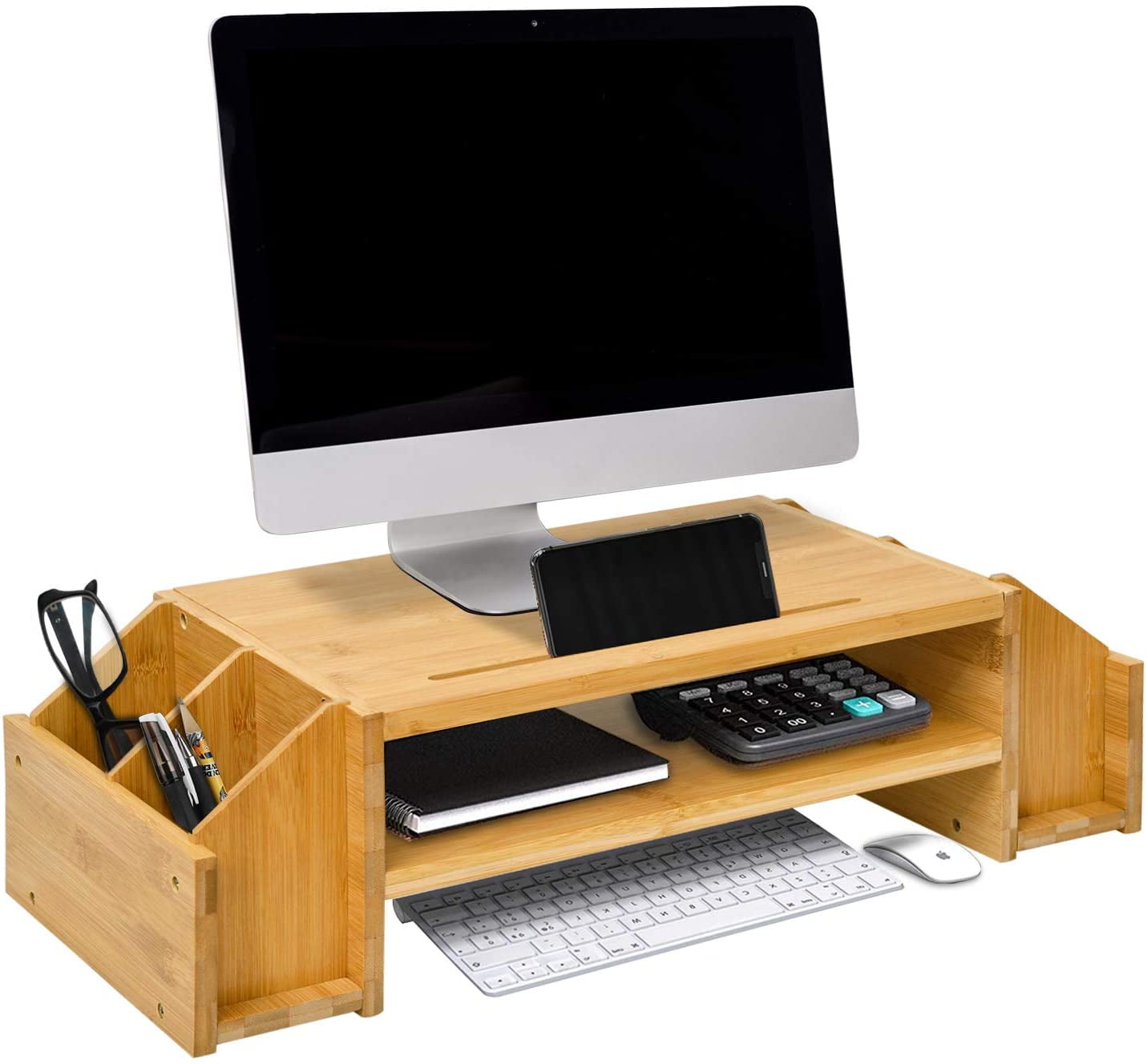 Waytrim Bamboo Monitor Stand Wood, Wooden Desktop Printer Stand With Drawers
