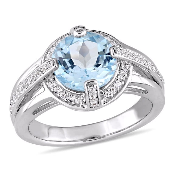 AMOUR 3 3/4 CT TGW Blue and White Topaz Halo Split Shank Ring In Sterling Silver