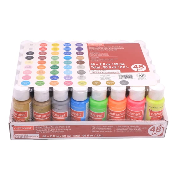 Craft Smart Acrylic Paint Set, Super Value Assorted Finishes, Multicolor, 2 fl. oz., 48-Pack