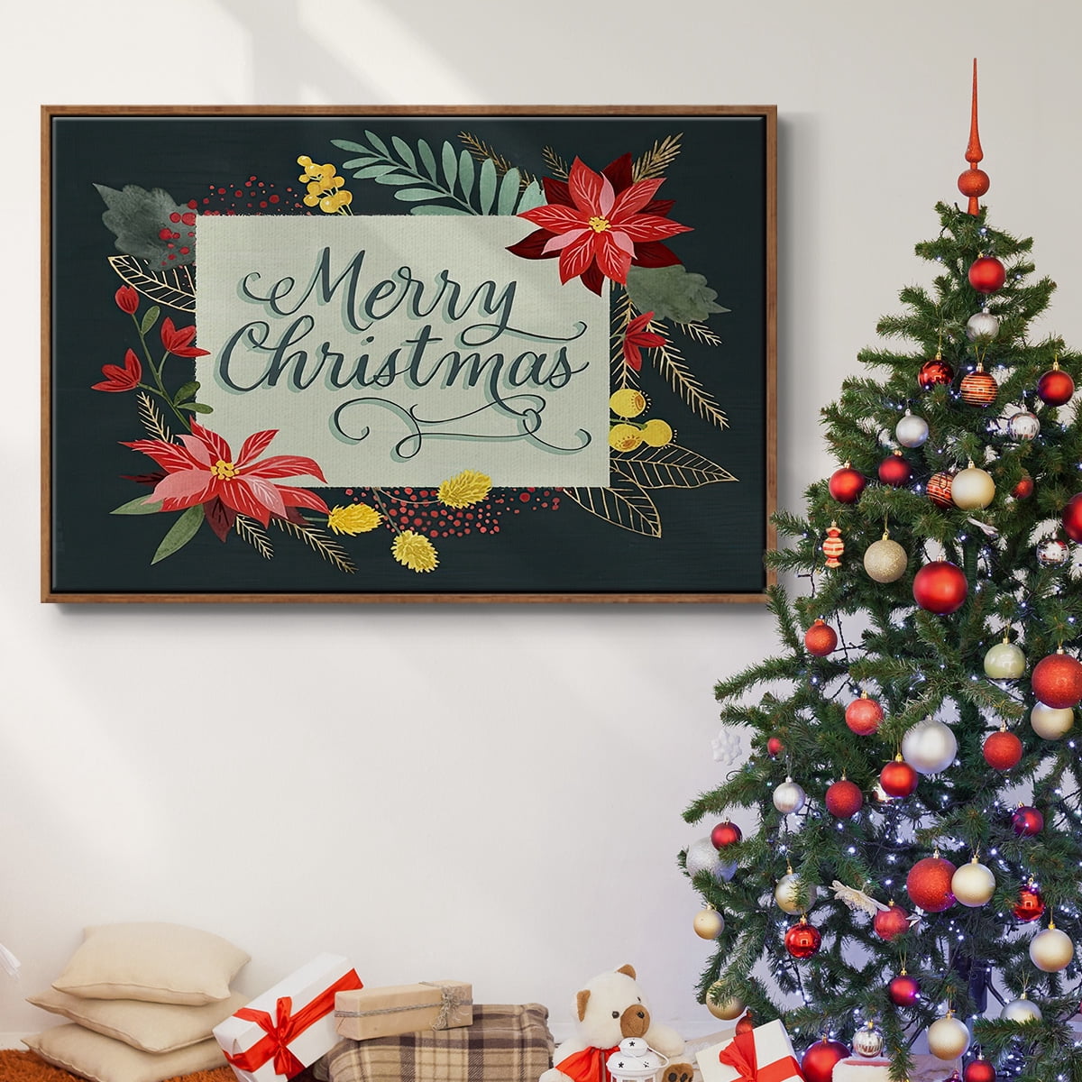Bright Christmas Night Collection A - Framed Gallery Wrapped Holiday Canvas - 17 x 25 - Rosewood Frame