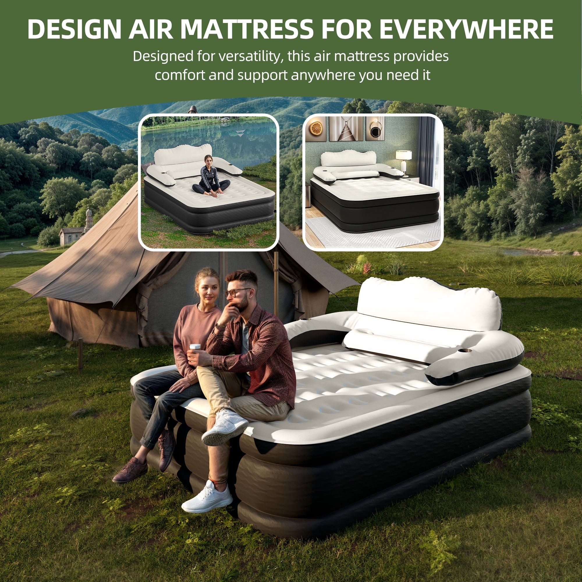 Uforic Queen Size Air Bed with Detachable Headboard & Integrated Pump, 18in Inflatable Mattress with Accessories for Home, Outdoors, and Travel