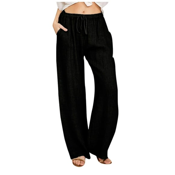 Women Summer Elastic Waist Drawstring Cotton Linen Palazzo Pants Wide Leg Long Lounge Beach Pant Trousers with Pocket