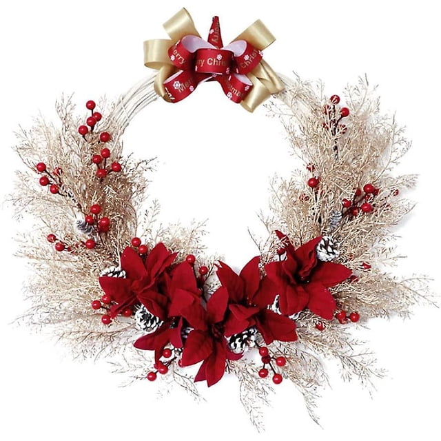 Corona De Navidad De 20 Pulgadas, Corona De Navidad Artificial Para Puerta Delantera Con Poinsettia, Bayas Falsas, Piña | Para Exhibición De Navidad E Invierno,11 Feliz Sencillez