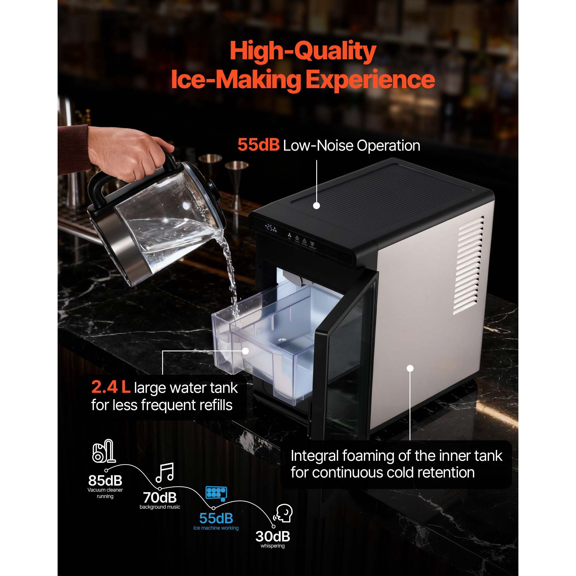 Compact Ice Maker Machine,26lbs Daily Output,Self-Cleaning Portable Ice Maker with Scoop for Countertop,Makes Square Ice Cubes for Home,Office,Party,Travel