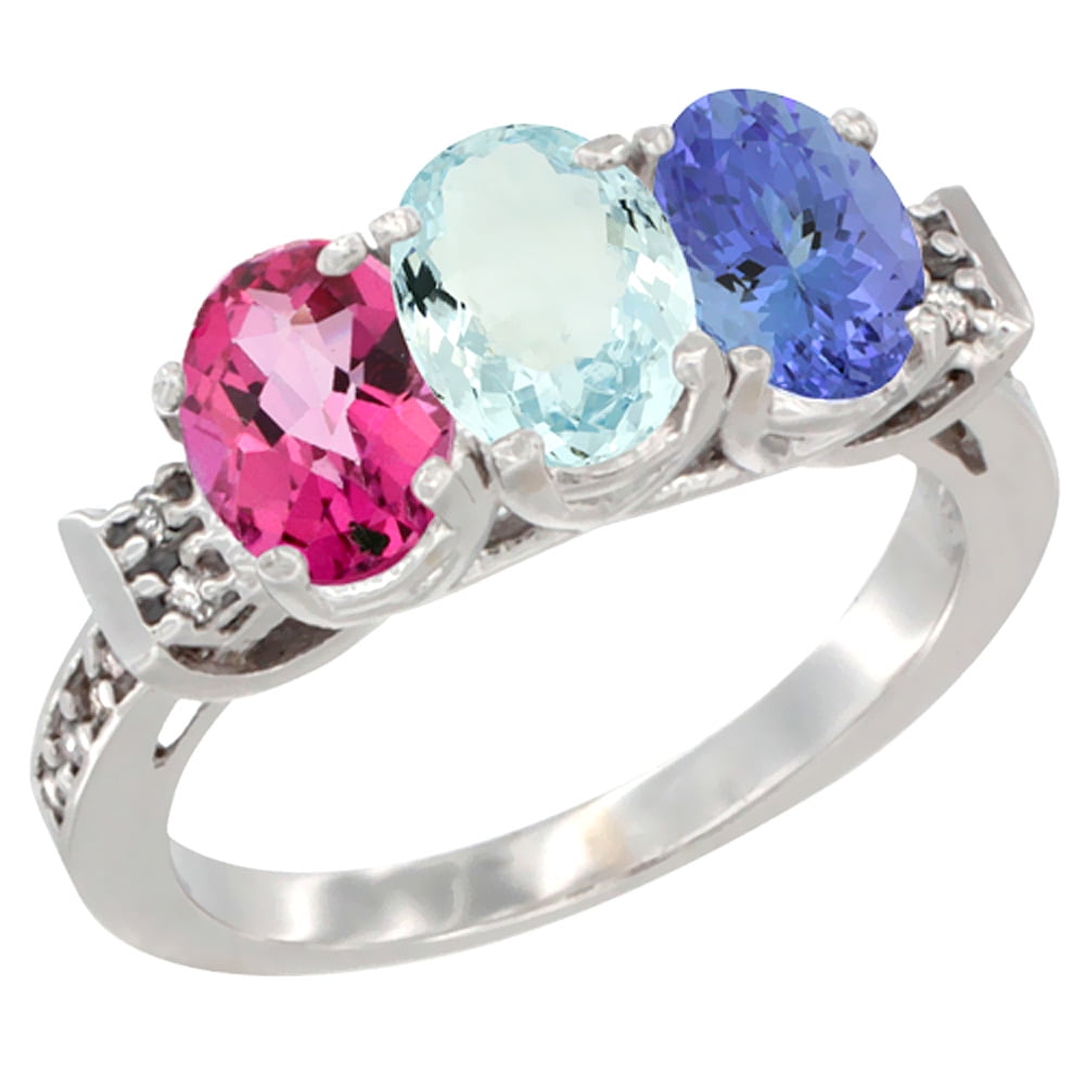 14K White Gold Natural Pink Topaz, Aquamarine & Tanzanite Ring 3-Stone 7x5 mm Oval Diamond Accent, sizes 5 10 by WorldJewels
