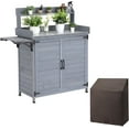 thumbnail image 1 of Garden Potting Bench Table, Outdoor Garden Horticultural Wooden Storage Cabinet, Solid Wood Planting Work Bench with Open Top, Metal Tabletop, Handy Hooks, Bench Table Cover, 1 of 7