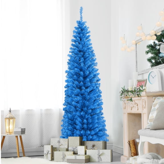 Gymax 6ft Pencil Artificial Christmas Tree Electroplate Pencil Tree (Blue)