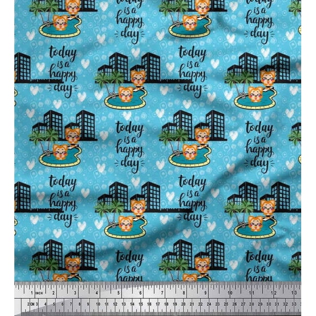 Soimoi Poly Georgette Fabric Swimming Pool,Cartoon & Buildings Architectural Print Fabric by Yard 42 Inch Wide