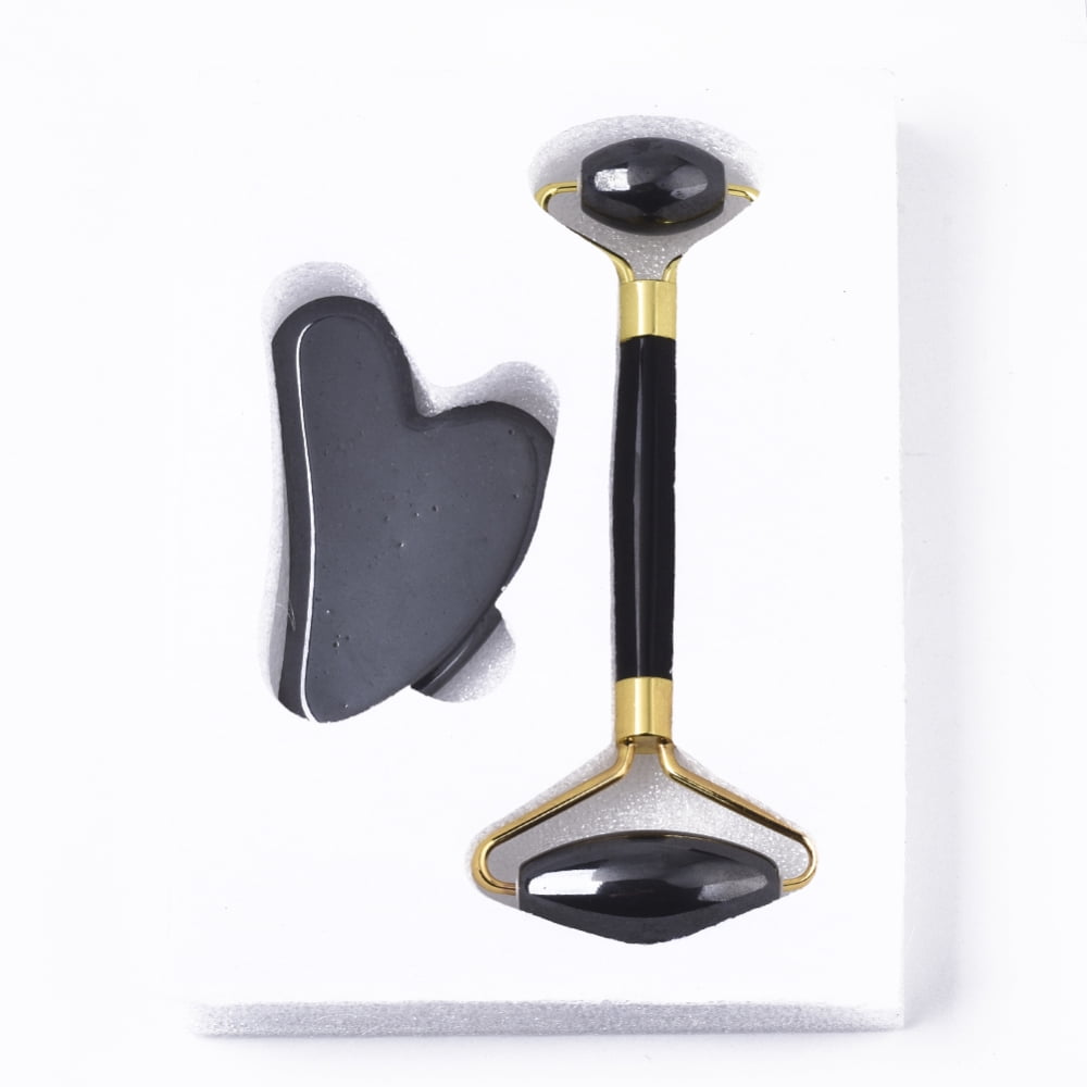 5sets Magnetic Hematite Facial Roller & Heart Shape Gua Sha Facial Beauty Roller Skin Care Tools with Light golden Plated Brass Findings Facial Rollers: 14.6x6.1x 2cm Gua Sha: 8.1~8.4x5.8~6x0.7~0.8mm