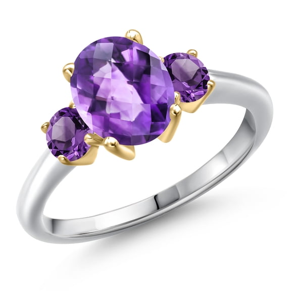 Gem Stone King 925 Silver and 10K Yellow Gold Purple Amethyst Engagement Ring for Women | 2.00 Cttw | Oval Checkerboard 9X7MM | Gemstone February Birthstone | Size 7