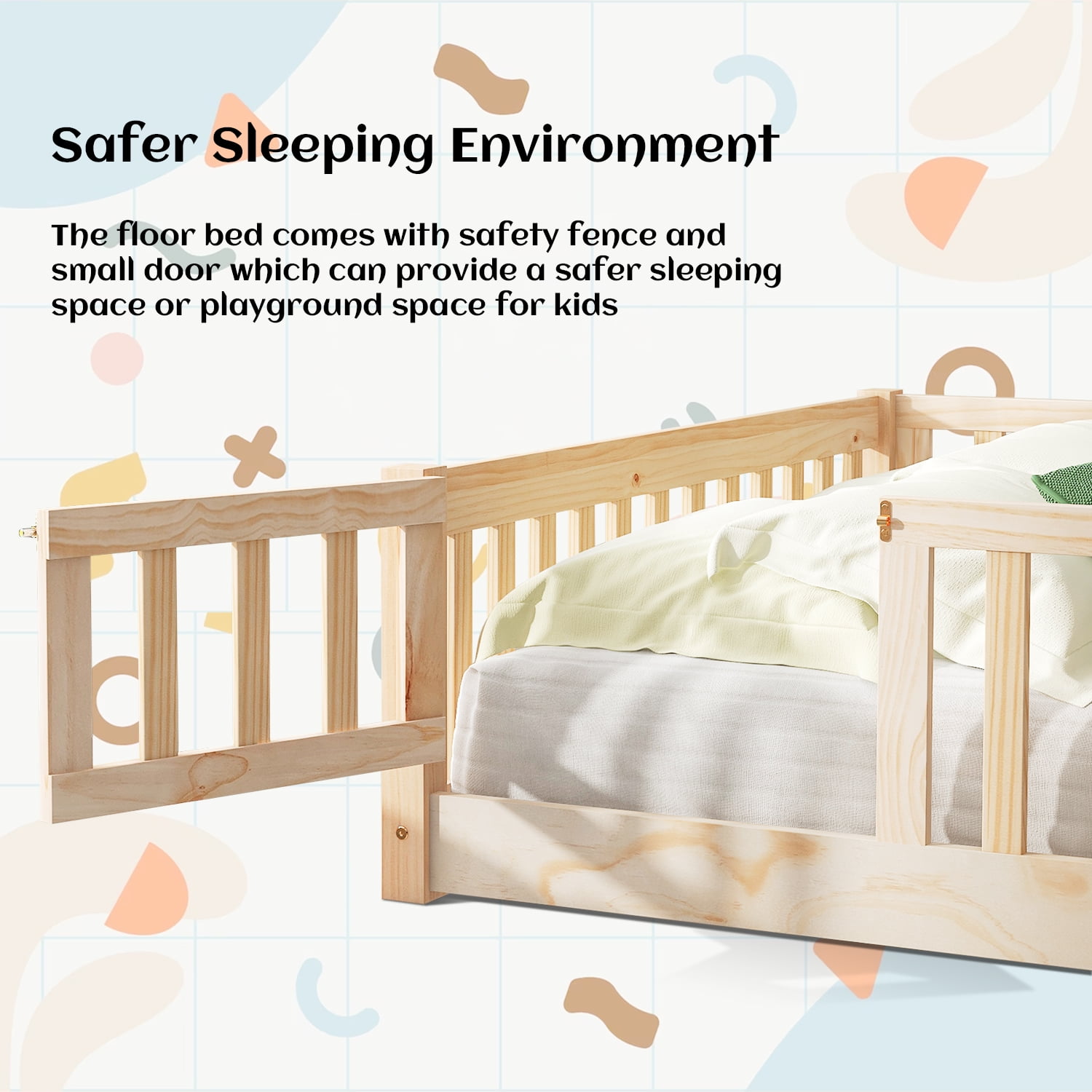 Queen Floor Bed for Kids, Sturdy Wood Montessori Bed Frame with Wood Slats, Fence & Door, Montessori Floor Bed for Girls and Boys, Natural (with Bed Slats)