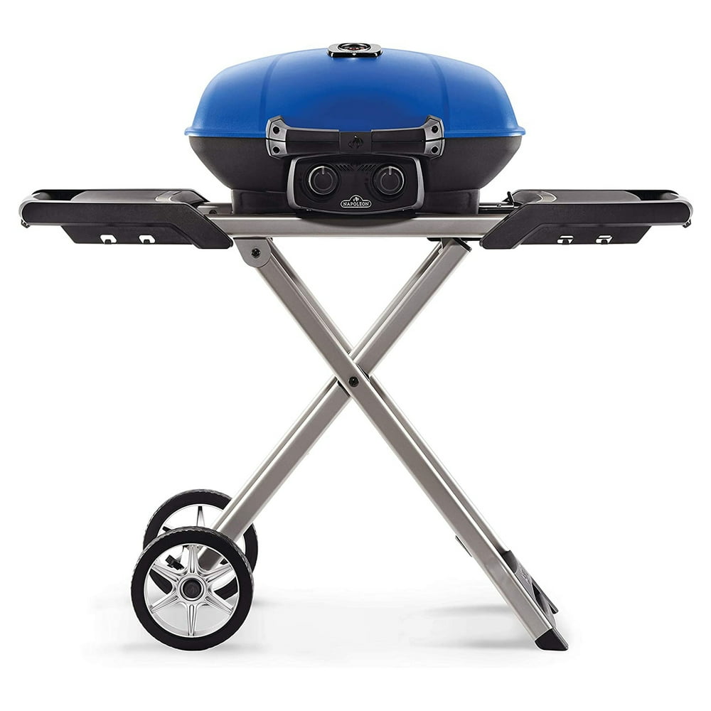 Napoleon TravelQ 285X Portable Propane Gas Grill w/ Scissor Cart & Griddle, Blue
