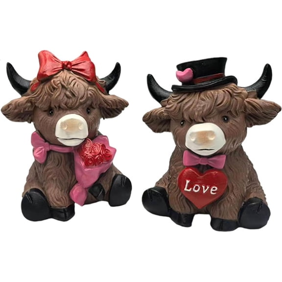 2 Pack Easter Valentine's Day Highland Cow, Gifts Decor Resin Highland Cow Figurine Valentine's Day Cows with Bouquet Hat Bow Resin Statue for Garden Table Shelf Home Decor Calf Gnome Herd Gifts