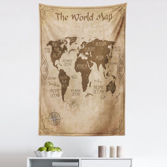 World Map Tapestry, Vintage Themed Topographic Design Grunge Art Graphic with Windrose, Fabric Wall Hanging Decor for Bedroom Living Room Dorm, 5 Sizes, Pastel Brown Taupe, by Ambesonne