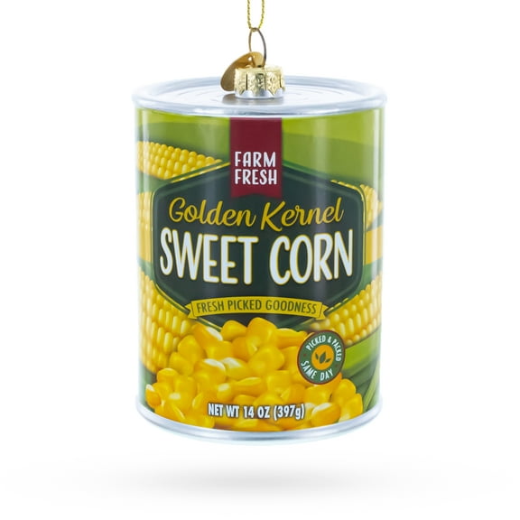 Golden Kernel Sweet Corn Can Glass Christmas Ornament