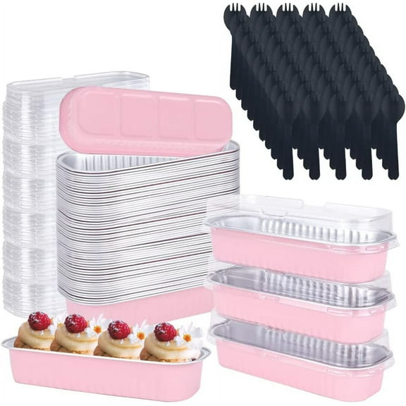 STONCEL Mini Loaf Pans With Lids and Spoons, 6.8oz Aluminum Foil Baking Pans, Rectangle Cupcake Baking Cups Muffin Tins, Small Cake Pans for Bread, Brownie, Cheesecake (50 Pack, Pink)