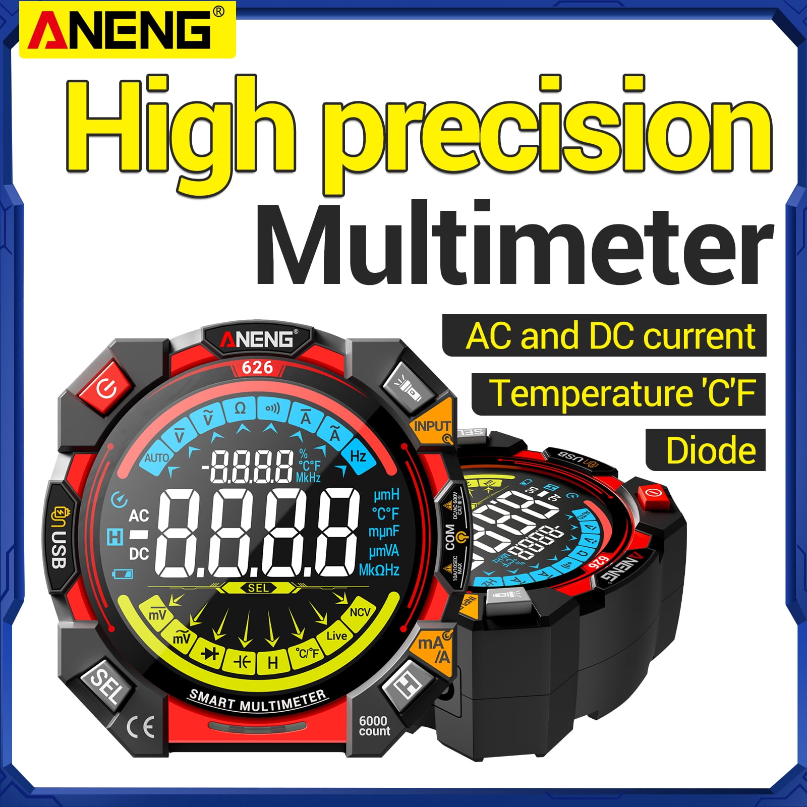 ANENG Smart Digital Multimeter 626 6000 Counts, AC/DC Voltage/Current, Resistance, Capacitance, Temperature, NCV Tester 1 Pack